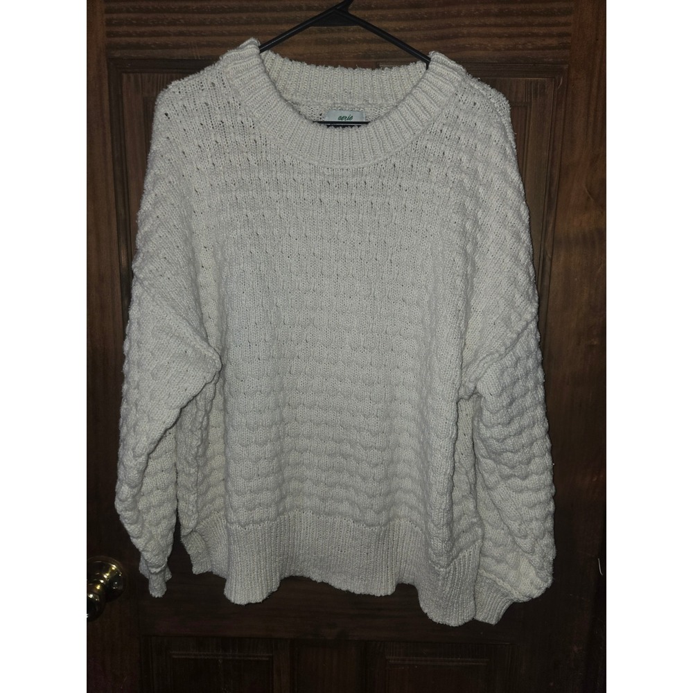 Aerie Cream Textured Knit Oversized Crewneck Sweater Drop Shoulder Large
